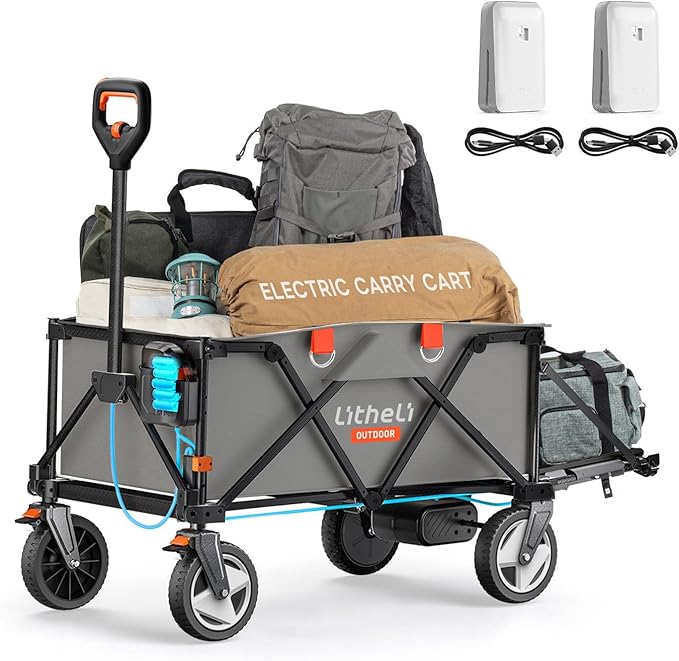 Litheli Electric Wagon Cart with 2 Batteries, All-Terrain Wheels & Variable Speed | 200L Capacity, 300 lbs Heavy-Duty Utility Wagon for Camping Beach Garden Shopping, Grey