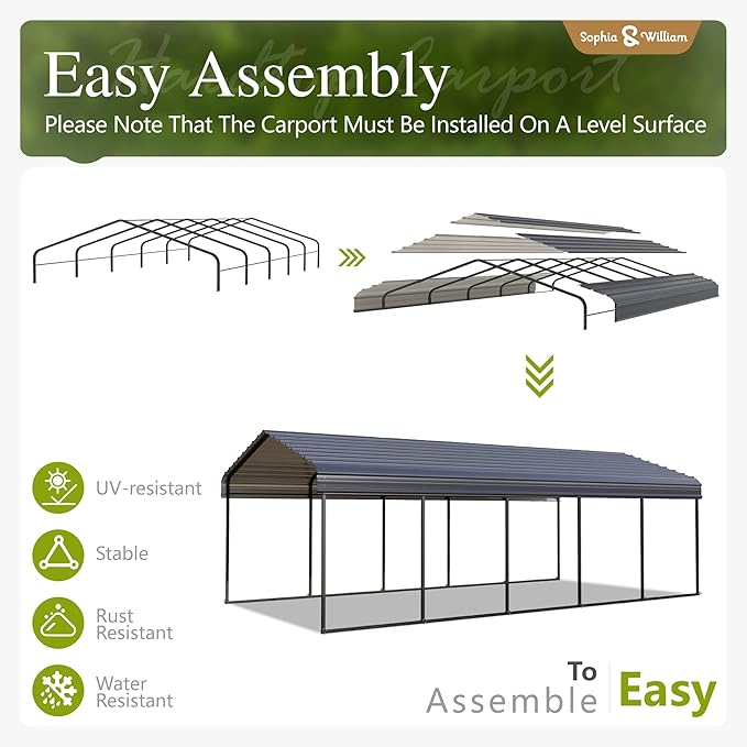 Sophia & William Carport Car Port Metal Canopy 12x25 ft Heavy Duty for Snow, Portable Garage Kit Shed Tent Shelter Metal Frame All Weather Outdoor for Boat with Anti-Leak Seam Taped, Dark Grey