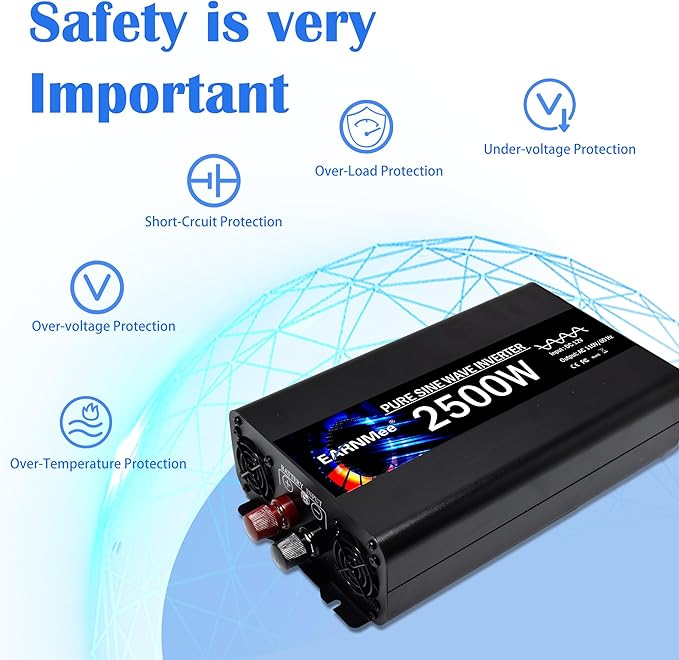 Power Inverter 2500 Watt,Vehicles 12V to 110V Converter 2500w,Power Adapter,Pure Sine Wave Inverter for Car,RV,Solar,Truck,Camping Gear,with LCD Display