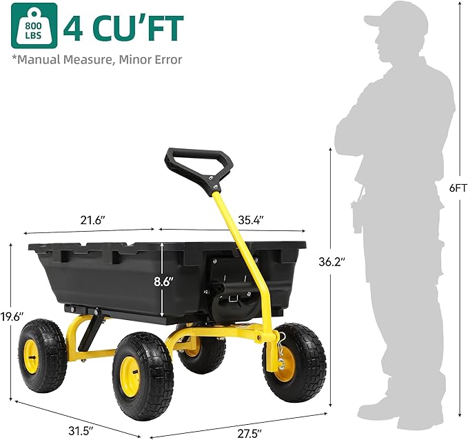 800LB Garden Dump Cart, 4 Wheel Wheelbarrow with 10”Tires, Heavy Duty Dump Cart Wagon with Quick-Release System & 10" Non-Flat Tires, Steel Frame Utility Cart for Yard, Farm, Hauling Firewood