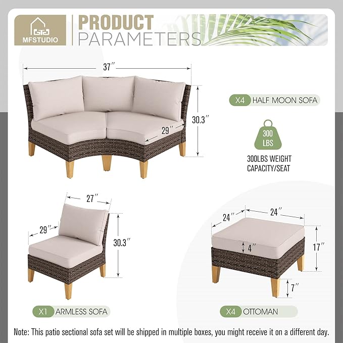 MFSTUDIO 9 Pieces Wicker Patio Furniture Set, All-Weather Rattan Outdoor Conversation Set Half-Moon Curved Patio Sectional Sofa Set for Garden, 4 x Curved Sofa, 1 x Armless Sofa, 4 x Ottomans