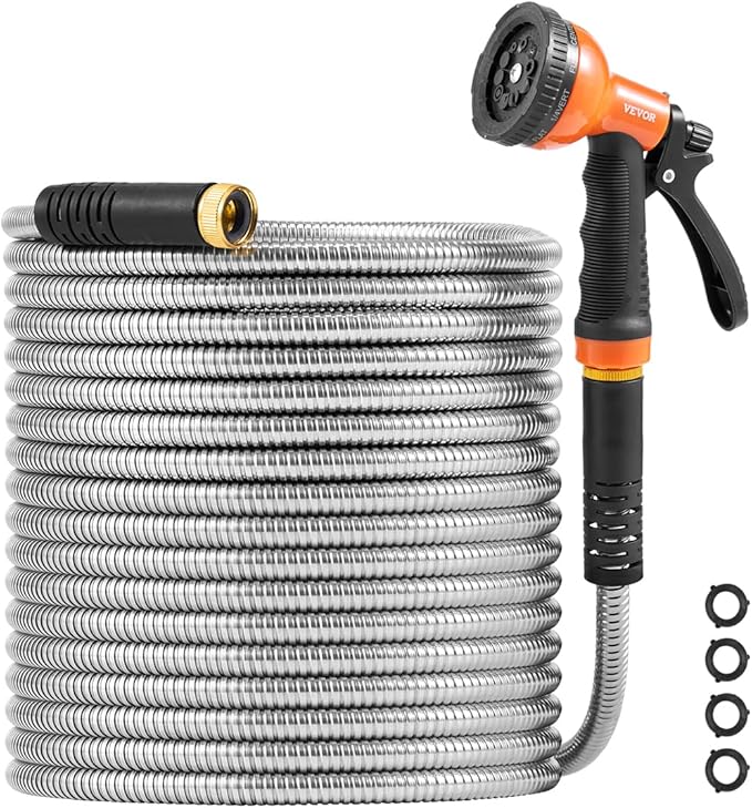 VEVOR Garden Hose Metal 75 ft, Rust Proof Stainless Steel Water Hose, Heavy Duty Backyard Hose with 10 Function Nozzle, No-Kink & Flexible Water Pipe, Lightweight Metal Hose for Yard, Outdoor
