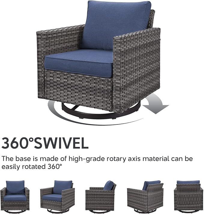 7 Piece Wicker Patio Furniture with Fire Pit Table - Outdoor Conversation Set with 50,000 BTU Fire Pit, All Weather Rattan Patio Set for Deck Backyard Garden - Grey Wicker Blue Cushion