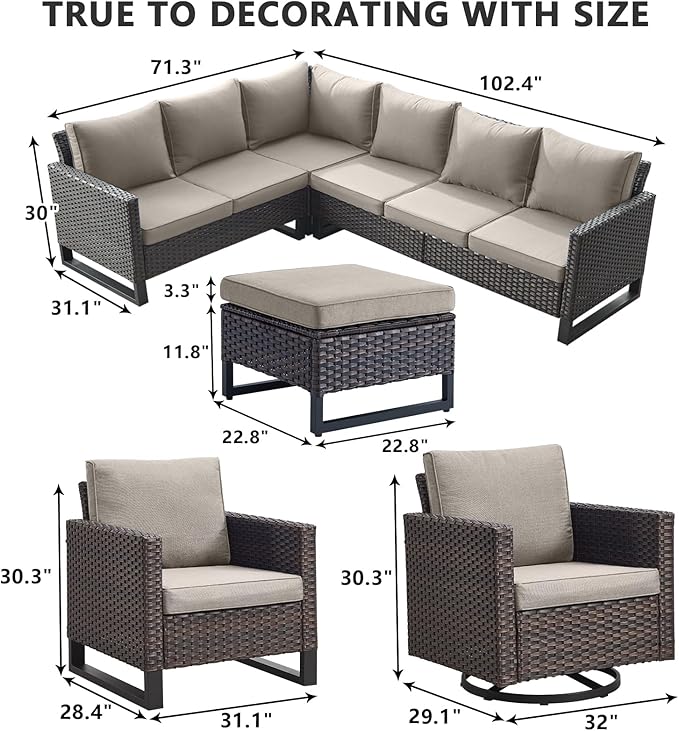 HUMMUH 8 Piece Patio Furniture All Weather 6-Seater Outdoor Sectional Sofa with Patio Swivel Chairs and Outdoor Chairs Ottomans for Porch,Garden,Backyard,Deck(Brown/Grey)