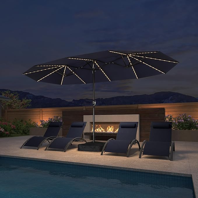 PURPLE LEAF 14ft Patio Market Umbrella with Solar LED and Base Double-Sided Rectangle Outdoor Table Sun Umbrellas with Crank for Pool Beach Deck Backyard Navy Blue
