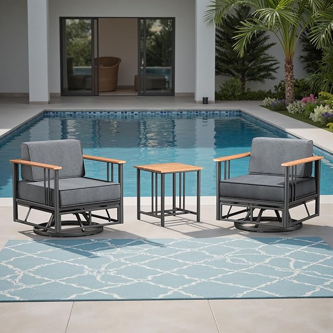 Luxury Patio Swivel Chairs with 6" Extra Thick Cushions, Outdoor Swivel Chairs with Side Table, Outdoor Furniture for Porch, Balcony, Deck, Patio, Yard, Poolside, Black/Grey
