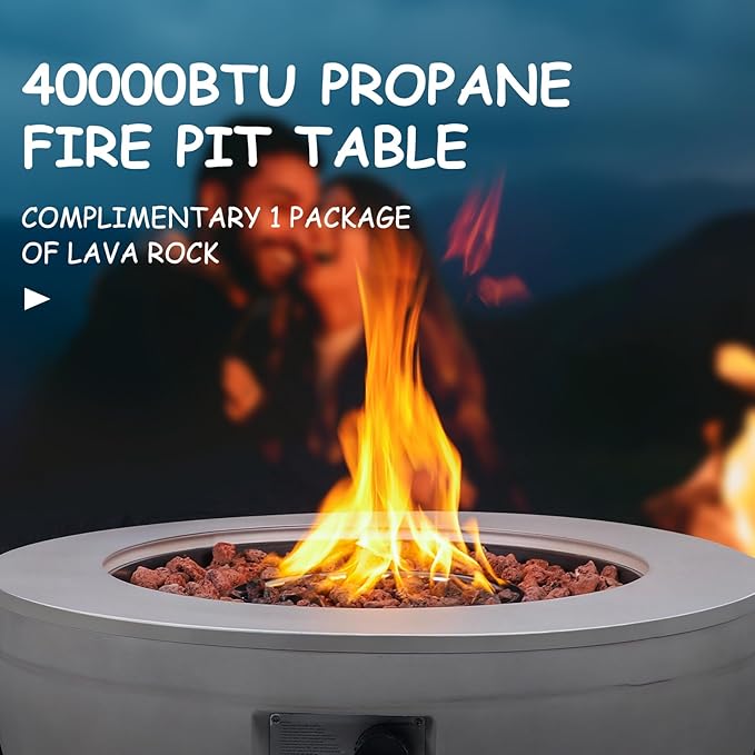 Round Propane Fire Pit,30 Inch Outdoor Fire Pit Table w Tank Cover,2-Piece 40,000 BTU Gas Concrete Firepit for Patio w Lava Rocks/Rain Cover,Fireplace for Backyard & Deck