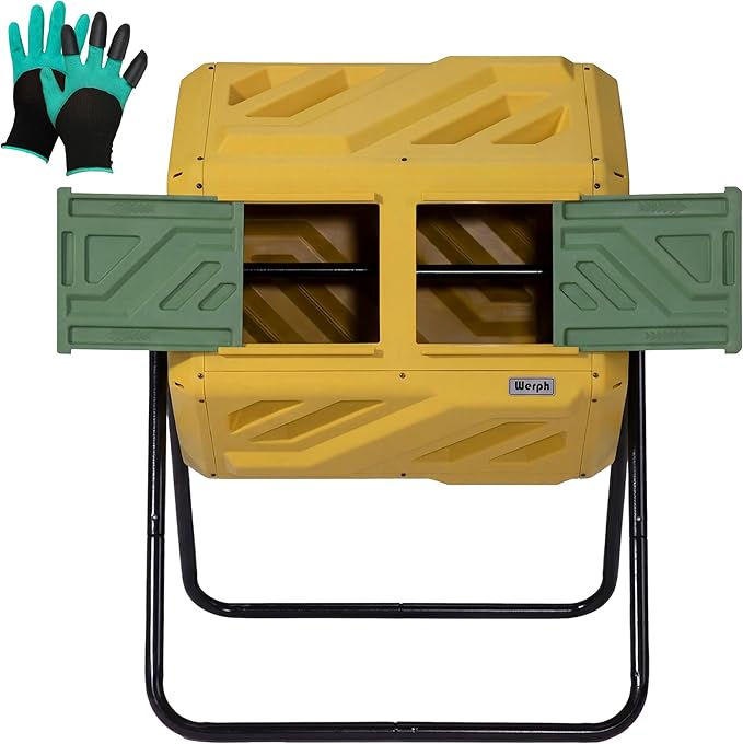 Werph Updated 43 Gallon Dual-Chamber Compost Bin, Fast Assembly Outdoor Compost Tumbler, Rotating Batch Composter Bin with Gloves for Garden, Kitchen, and Yard