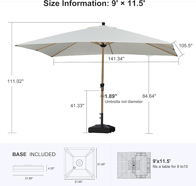 PURPLE LEAF 9' x 11.5' Patio Umbrella with Base Outdoor Umbrella Market Umbrella with Crank & 8 Ribs Aluminum Rectangular Table Umbrella Outdoor Patio for Backyard, Cream