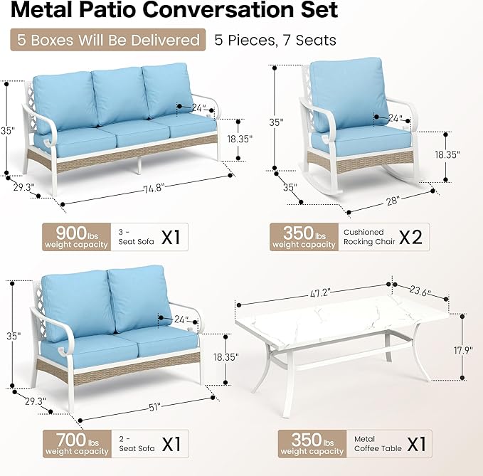 SUNSHINE VALLEY 6 Piece Metal Outdoor Patio Furniture Set, Patio Conversations Set 3-Seater Sofa, 2-Seater Sofa, 2 Rocking Chair with 5.75" Thick Cushion & Coffee Table White Backyard Furniture, Blue