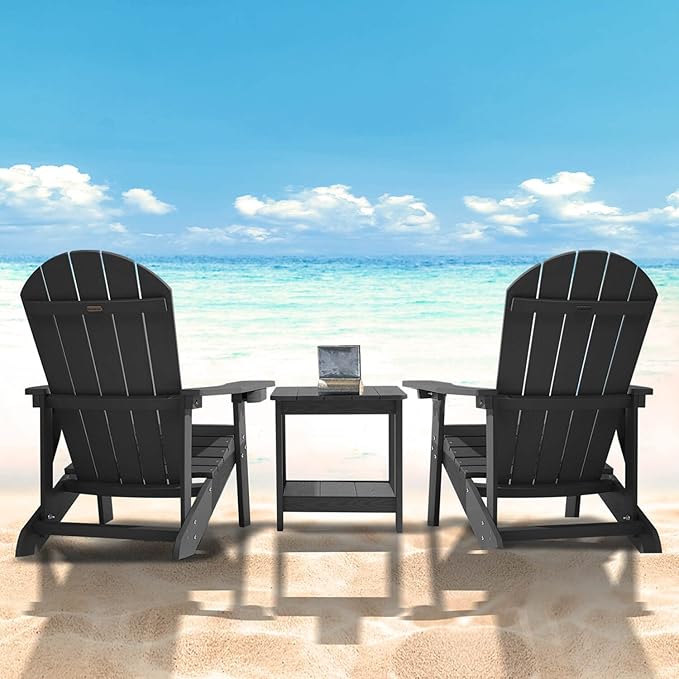 Adirondack Chair, All Weather Resistant Plastic Chairs with Cup Holder, 5 Easy Steps to Install, Outdoor Chairs for Patio, Garden, Backyard Deck, Lawn, Fire Pit - Black