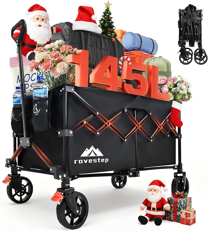 Collapsible Wagon Cart Heavy Duty Utility Carts with All Terrain Wheels for Garden, Grocery, Camping, Sports, Shopping, and Outdoor Use - 360lbs Capacity, Foldable, Portable, 145L Large Wagon