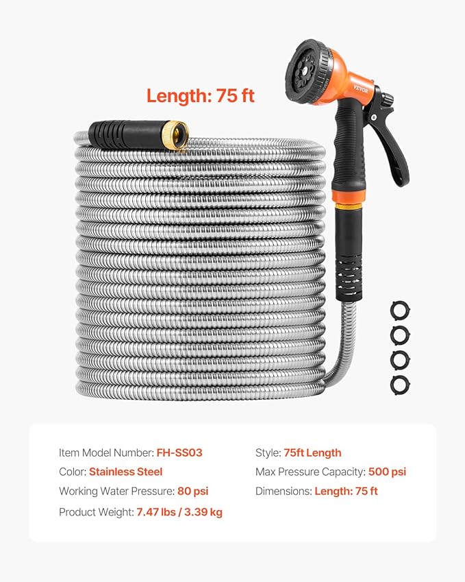 VEVOR Garden Hose Metal 75 ft, Rust Proof Stainless Steel Water Hose, Heavy Duty Backyard Hose with 10 Function Nozzle, No-Kink & Flexible Water Pipe, Lightweight Metal Hose for Yard, Outdoor