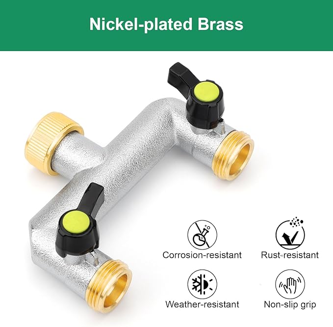 EEEKit Garden Hose Splitter 2 Way, 3/4" GHT Spigot Faucet Hose Pipe Tap Splitter, Nickel-Plated Brass Water Hose Manifold with Shut Off Valve