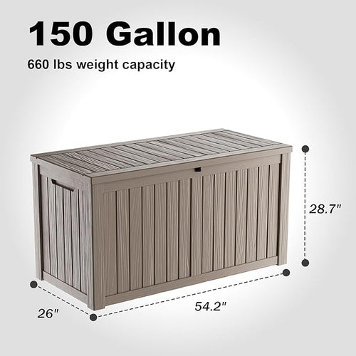 150 Gallon Deck Box,Resin Outdoor Storage Box with Lockable for Patio Furniture, Pool Accessories, Garden Tools Waterproof Outside Storage Box, Grey