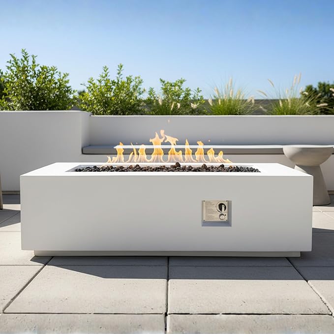 60" MGO Propane Fire Pit Table, 60,000 BTU Rectangular Gas Fire Pit for Outside Patio, Backyard, Pool, Free Lava Rocks & Rain Cover, White