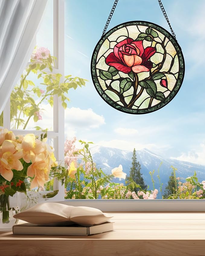 AMDERVEN Stained Glass Window Hanging, Red Rose Flowers Sun Catcher for Door Garden Home Decor Suncatcher Christmas Mother's Day Birthday Gifts for Women Lovers Men Wife Girlfriend Mom Nana 15 in