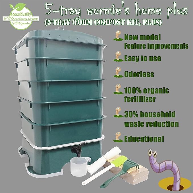 5-Tray Worm Compost Bin, Worm Composter for Outdoor & Indoor, 5-Tray ecocultivatify Wormie's Home Plus, Worm Bin Set for Recycling Household Waste (Dark Green)