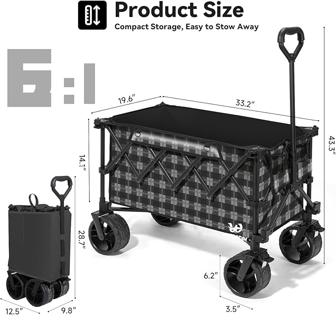 Whitsunday Collapsible Folding Wagon, Heavy Duty Utility Beach Wagons with All-Terrain Wheels for Camping,Garden,Sports Black