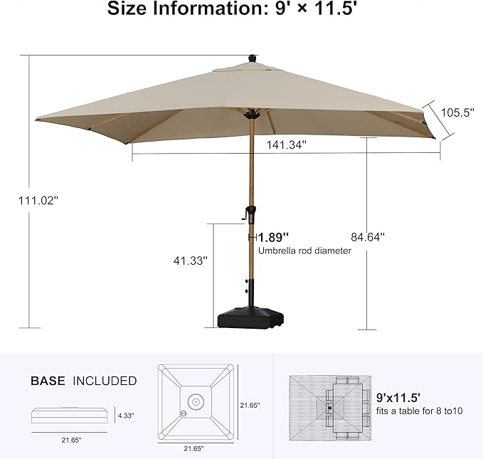 PURPLE LEAF 9' x 11.5' Patio Umbrella with Base Outdoor Umbrella Market Umbrella with Crank & 8 Ribs Aluminum Rectangular Table Umbrella Outdoor Patio for Backyard, Beige