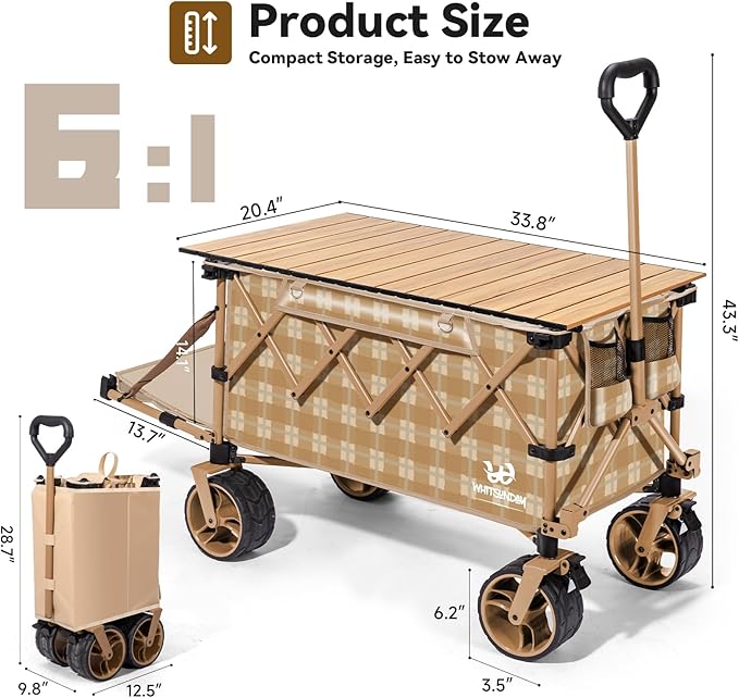 WHITSUNDAY Collapsible Folding Wagon with Table, Heavy Duty Utility Beach Wagons with All-Terrain Wheels for Camping,Garden,Sports Yellow
