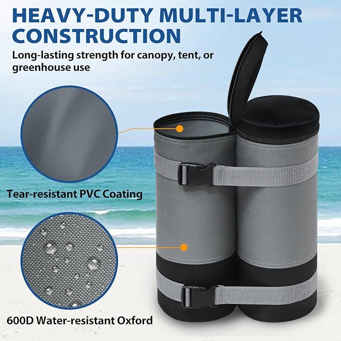 EAGLE PEAK Extra Large Weight Bags for Canopy Tent 180 lbs Leg Weights Heavy Duty Sandbags for Pop Up Canopy Gazebos Beach Tent Umbrella Greenhouse Set of 4, Gray