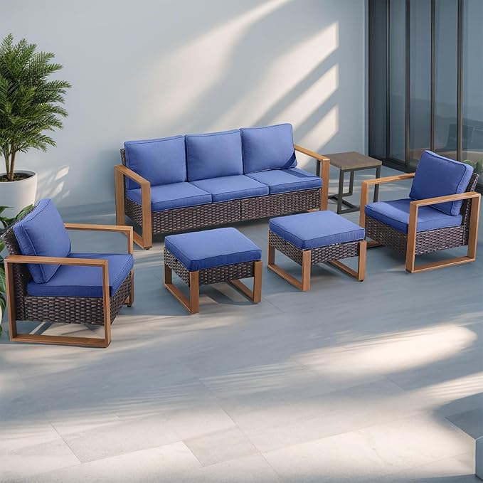 Rilyson Outdoor Wicker Patio Furniture Set - 5 Piece Patio Conversation Set with 2 Wicker Armrest Chairs,2 Rattan Ottoman, 1 Side Table, Sturdy Frame, Thick Cushions, Deep Seating(Brown/Blue)
