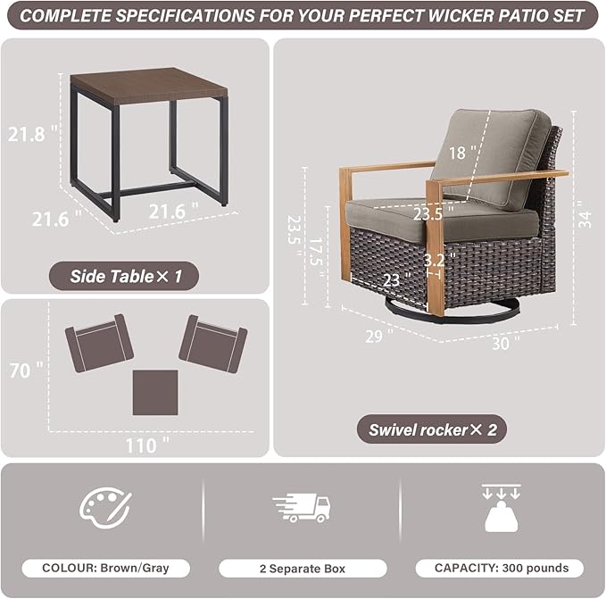 Belord Outdoor Swivel Rocker Chairs Set of 2 with Metal Wide Armrests, 3 Piece Patio Bistro Wicker Chairs with Side Table, Comfort Glider Furniture for Porch, Deck, Sunroom, Backyard