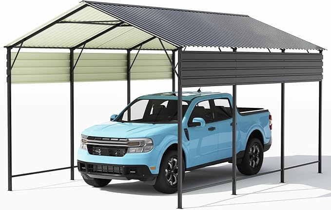 Greesum 10x15FT Metal Carport with Heavy Duty Frame and Galvanized Steel Roof, Round Carports with Side Support Rods, Canopy Shelter for Car, Pickup Trucks, Boats and Tractors, Party, Gray