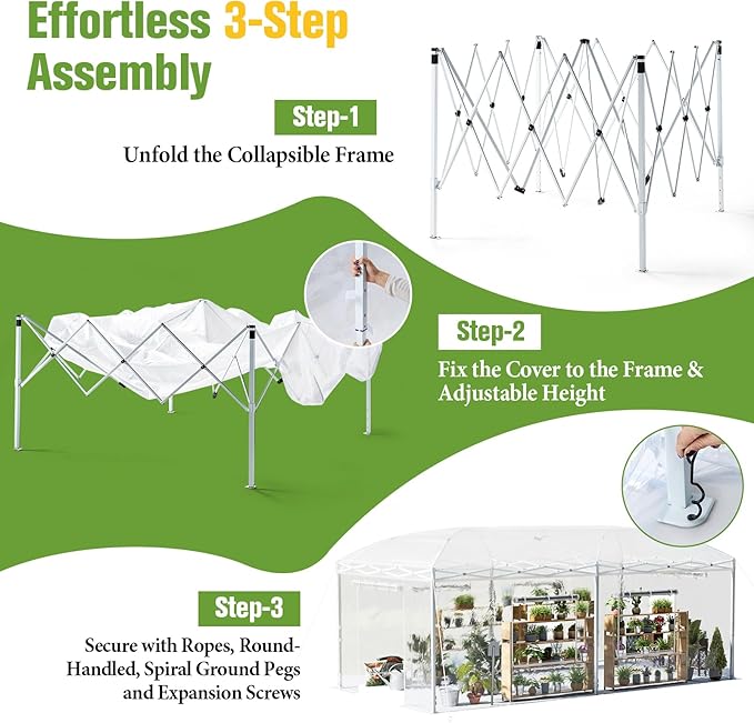 AMERLIFE 19.2×10×8.5 FT Pop-up Greenhouses for Outdoors Indoor with Adjustable Strong Frame, Movable Walk in Greenhouse with 2 Roll-up Zipper Doors, Windows and PE Cover, White