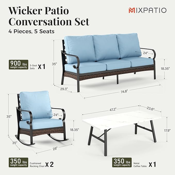 Patio Furniture Set with Coffee Table, Outdoor Conversation Set with 2 x Rocking Chairs, 1 x 3-Seat Sofa for Lawn Garden Backyard, Blue
