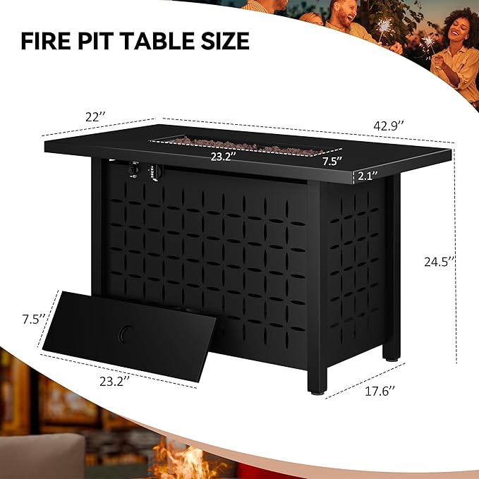 Vongrasig 43 inch Gas Fire Pit Table, 50,000 BTU Outdoor Rectangular Propane Firepit Table with Lid, Lava Rock, 2 in 1 Firepit Table for Outside, Patio, Deck, Garden, Backyard