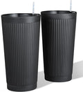 Self Watering Tall Planters for Outdoor Plants, 24” Set of 2 Large Flower Pots with Drainage Hole, Modern Plastic Black Planter for Indoor, Patio, Balcony (Ribbed)