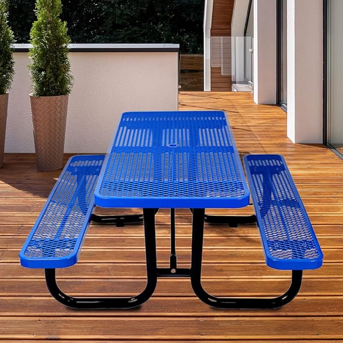 KUFUH 72" Rectangular Metal Picnic Table for 4-8 Person, Durable Heavy Duty Commercial Picnic Table with Umbrella Hole for Outdoor Coffee Shop, School, Hospital, Easy to Install, Blue