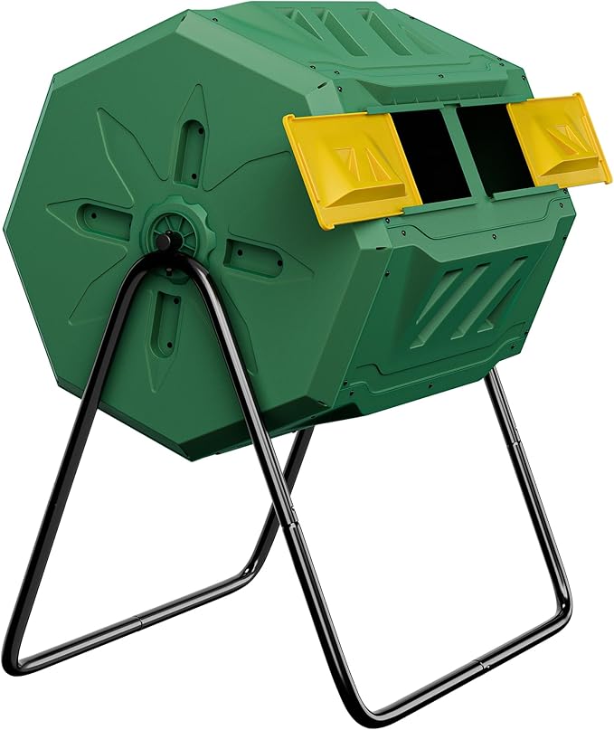 Saicool 43 Gallon Large Dual Chamber Composting Tumbler Outdoor Garden Rotating Compost Bin Tumbling Composter with Sliding Door, Green