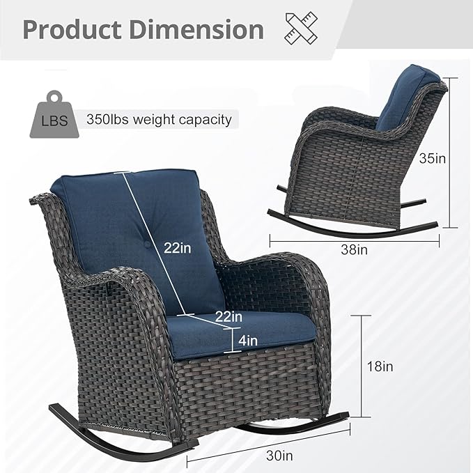Patio Rocking Chairs Set of 2, Wicker Outdoor Rocking Chairs, Outdoor Gliders Patio Rockers for Porch, Deck, Yard, Garden, Brown Wicker/Blue Cushion