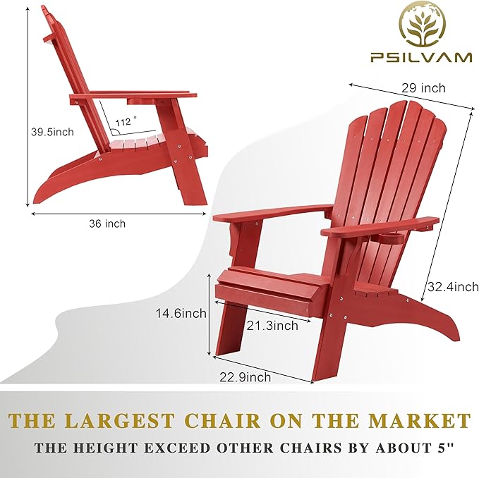 Psilvam Adirondack Chair, Oversized Poly Lumber Fire Pit Chair with Cup Holder, 350Lbs Support Patio Chairs for Garden, Weather Resistant Adirondack Chair Looks Like Real Wood (2, Red)