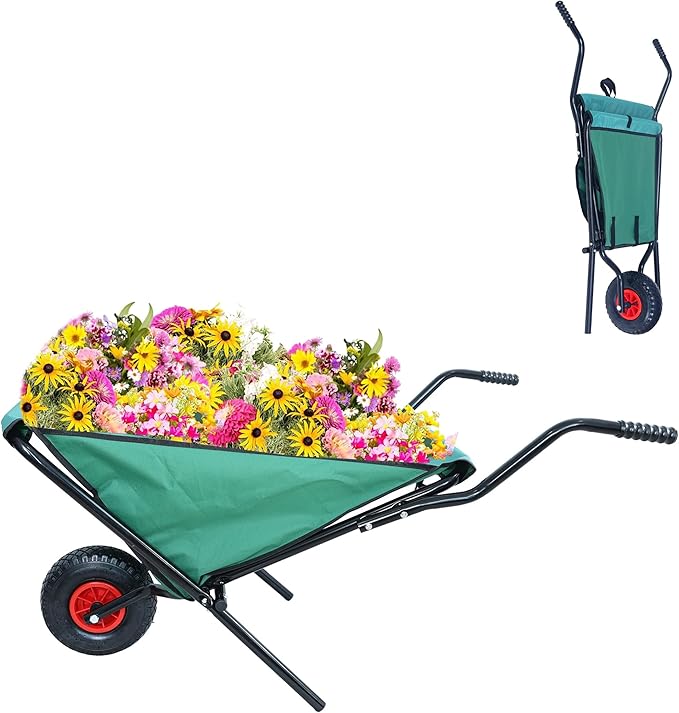 176 LBS Wheelbarrow, Green Foldable Heavy Duty Yard Cart, Iron and Oxford Cloth Lightweight Lawn Cart with 10 Inch Pneumatic Tires, for Grass, Leaf, Garden Supplies
