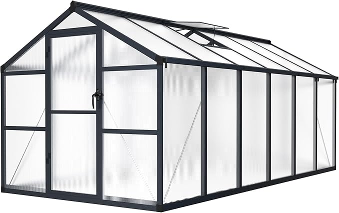 8x12 FT Greenhouse, Polycarbonate Walk-in Greenhouse for Outdoors with Roof Vent & Lockable Outward-Opening Swing Door, Heavy-Duty Aluminum Green House for Garden, Backyard, Patio, Lawn, Dark Grey