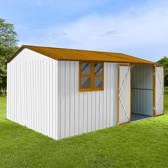 Metal Garden Sheds 12ftx10ft Outdoor Storage Sheds White+Yellow with Window, for Backyard, Patio, Poolside