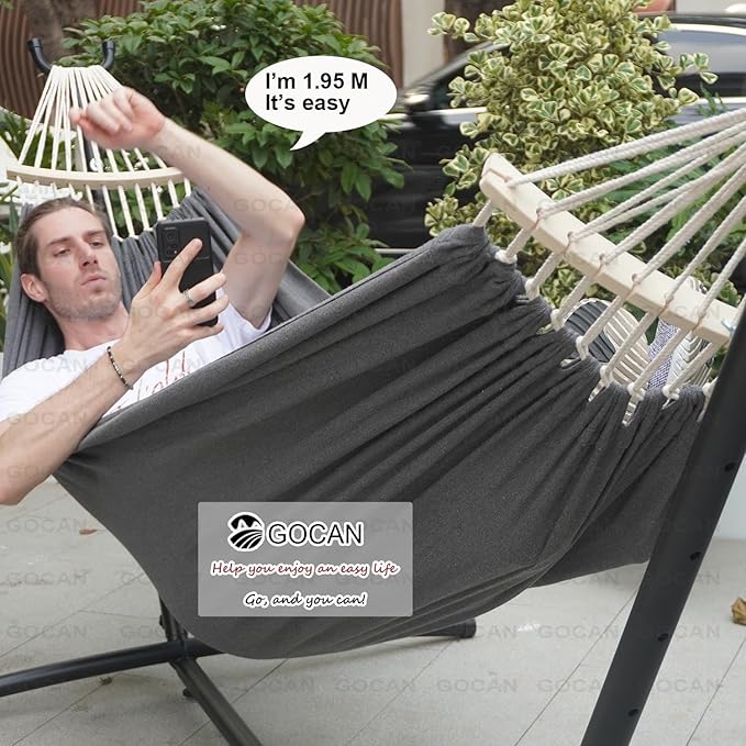 GOCAN Double Hammock 2 Person Extra Large 220x150cm Total Length 330cm Load 500lb Canvas Cotton Hammock for Patio Porch Garden Backyard Lounging Outdoor and Indoor with Removable Spreader bar