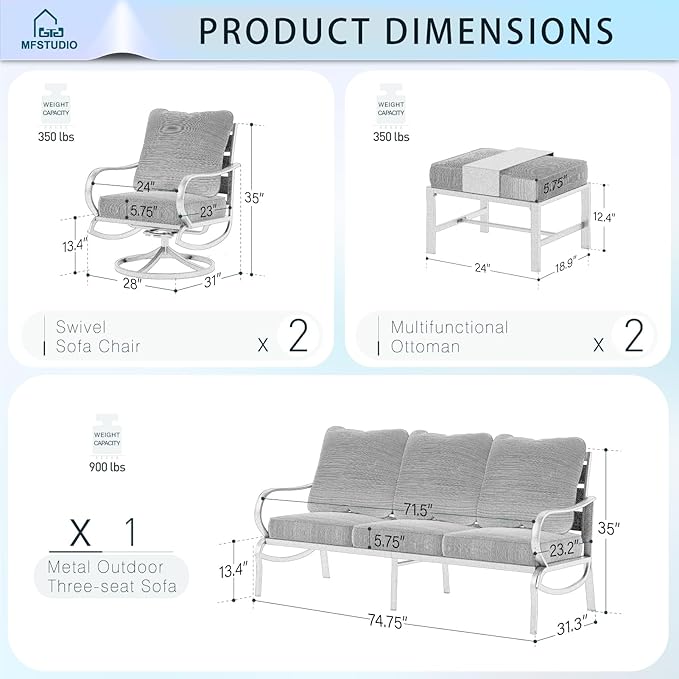 MFSTUDIO 5 Pieces Patio Conversation Sets,Outdoor Metal Furniture Sofas with 1 x 3-Seat Sofa, 2 x Swivel Chairs,2 x Ottoman,Wrought Iron Frame with Peacock Blue Cushion for Patio Courtyard Balcony