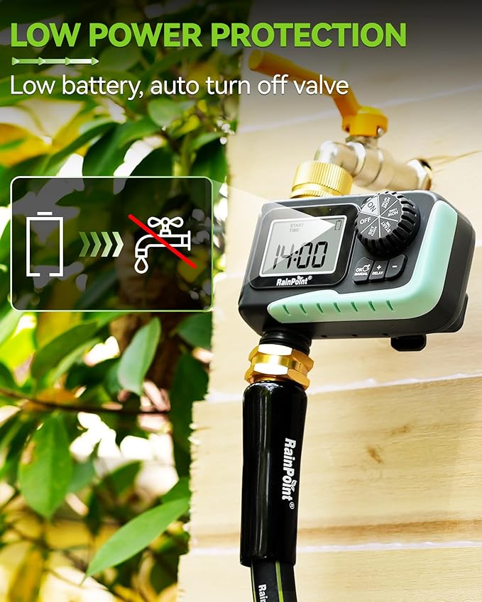 RAINPOINT Sprinkler Timer with Brass Swivel, Programmable Water Timer for Garden Hose with Rain Delay/Manual Watering, Digital Irrigation System Kit for Lawns, 1 Outlet