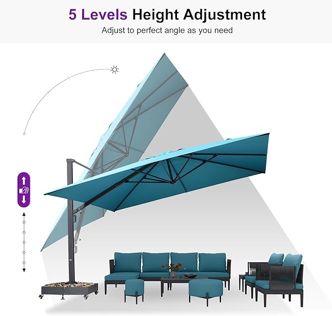 PURPLE LEAF 11' X 15' Rectangle Patio Umbrella Large Cantilever Outdoor Aluminum Offset Umbrella with 360° Rotation Cantilever Umbrella with Base Included for Garden Deck Backyard Pool Turquiose Blue