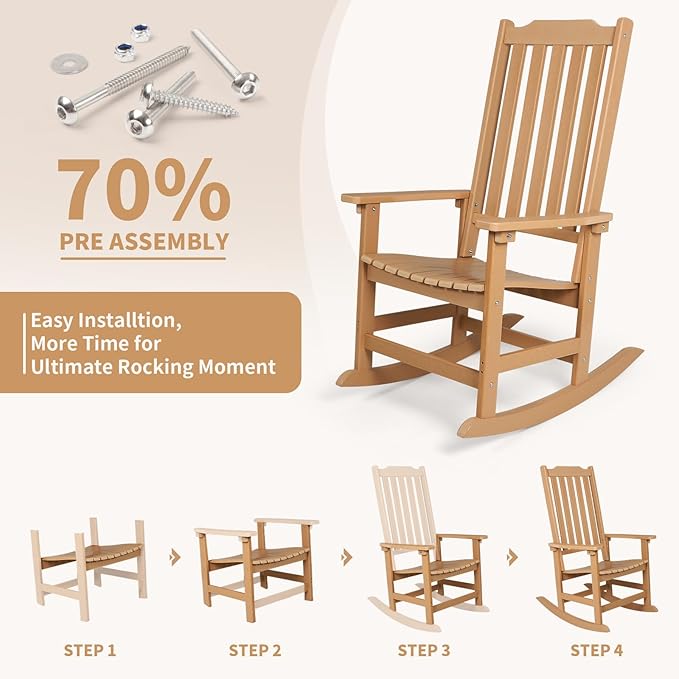 Outdoor Rocking Chair, Oversized All Weather High Back Porch Rocker, Patio Rockers for Outside