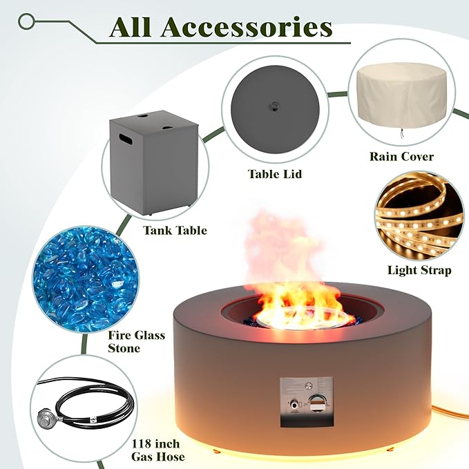 Dineli 2-Piece Outdoor Propane Fire Pit Table Set w Tank Table 30'' Round Fire Pit Table 2-in-1 Firepit Table for Outside Patio Gas Fire Pit w LED, 50,000 BTU, Dark Gray with Warmlight