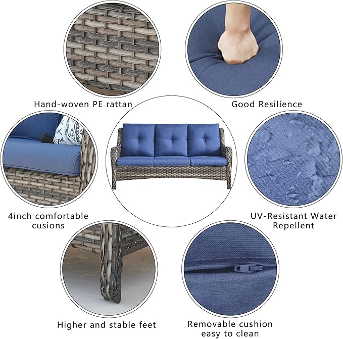 HUMMUH 3 Piece Patio Furniture Set All Weather Wicker Outdoor Sectional Sofa Manual Weaving Rattan High Curved Back Patio Couch with Ottomans