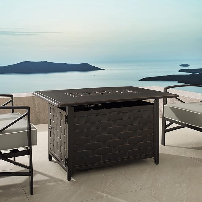 Fire Sense 63700 Preston Basketweave Aluminum Convertible Gas Fire Pit Table 45,000 BTU Multifunctional Outdoor Firepit with Fire Bowl Lid Nylon Cover Clear Fire Glass Bronze Finish - Rectangular 44"