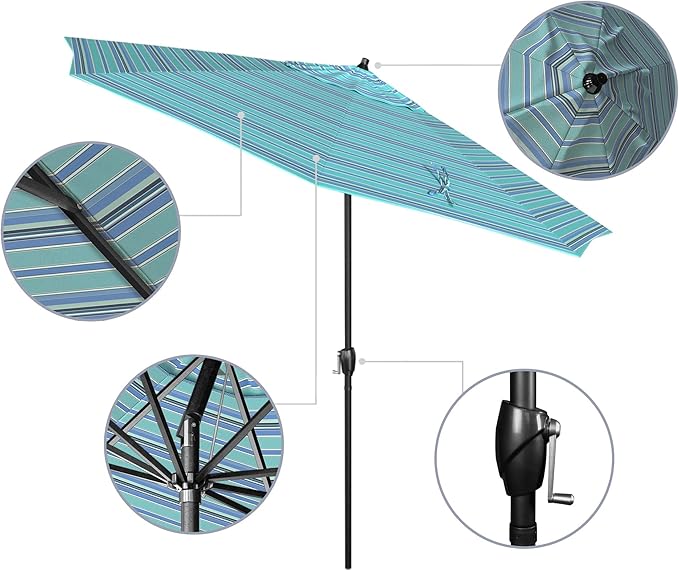 California Umbrella 9' Rd Aluminum Patio Umbrella, Crank Lift, Auto Tilt, Black Finish, Sunbrella Dolce Oasis