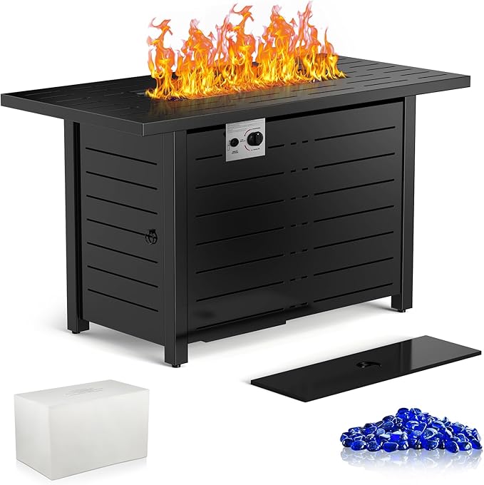 Xbeauty Propane Fire Pit Table, 42" Outdoors Gas Fire Pit Table, 50,000 BTU Auto-Ignition Fire Tables with Lid, Outside Garden Backyard Deck Patio (Square)